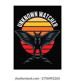 A dark winged creature with red glowing eyes stands on a rocky outcrop. Its large wings are spread wide. Behind the creature is a stylized sunset with horizontal stripes of yellow, orange, and red. The background is solid black. The text UNKNOWN WATCHER is arched above the sunset in white letters.