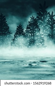 Dark Winter Forest Background At Night. Snow, Fog, Moonlight. Neon Figure In The Center