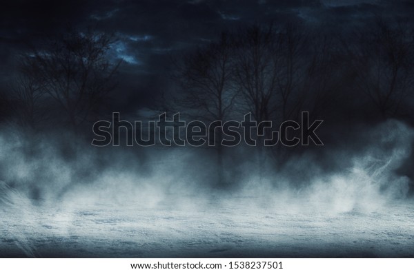 Dark winter forest\
background at night. Silhouettes of trees on a background of the\
moon, snow, fog.