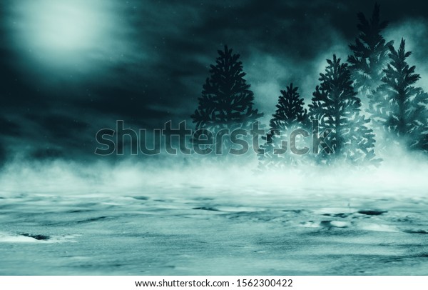 Dark winter forest background at
night. Snow, fog, moonlight. Neon figure in the
center