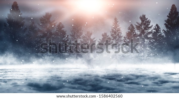 Dark winter forest background\
at night. Snow, fog, moonlight. Dark neon night background in the\
forest with moonlight. Neon figure in the center. Night view,\
magic.