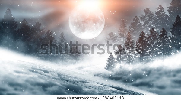 Dark winter forest background\
at night. Snow, fog, moonlight. Dark neon night background in the\
forest with moonlight. Neon figure in the center. Night view,\
magic.