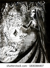 the dark witch spins the top    symbol human destiny  metaphor   symbol human leaving  melt like candle  black   white ink drawing in darkart style  vintage engraving style