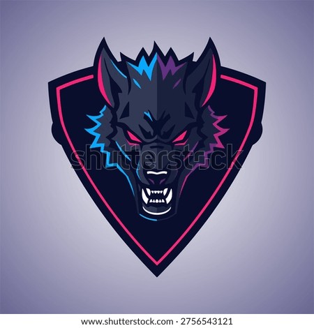 Dark wolf head with sharp teeth and menacing eyes on a shield with pink and blue accents set against a gradient grey background, forming a bold vector graphic illustration.