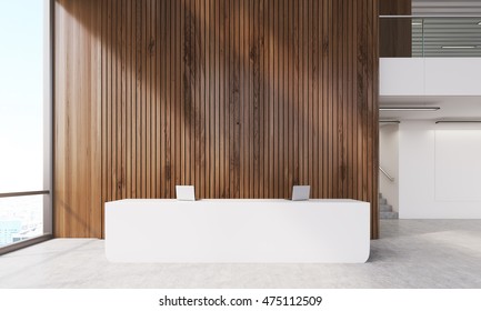 Dark Wood Wall Near Reception Desk With Laptops. Stairs Round Corner. Panoramic Window. Concept Of Modern Accounting Firm. 3d Rendering. Mock Up