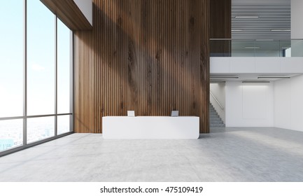 Dark Wood Wall In Office With Reception Counter And Stairs. Concept Of Business Company Building. 3d Rendering. Mock Up