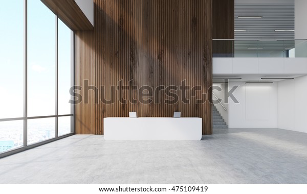 受付カウンターと階段と暗い木製の壁 企業建築のコンセプト 3dレンダリング モックアップ のイラスト素材