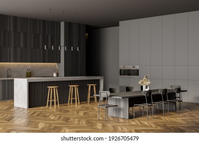 Dark Wooden Eating Room With Dining Table, Bar Chairs And Cutting Table. Kitchen Open Space Room, Wooden Black Set And Grey Shelf, 3D Rendering No People