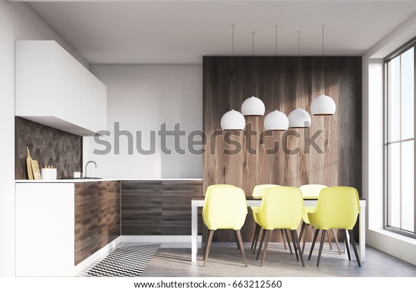 Dark Wooden Kitchen Interior White Walls Stock Illustration 663212560