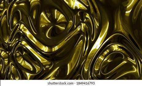 Dark Yellow Gold Metallic Texture With Moving Ripples And Deep Shadows. Trendy Reflection Flow In 3d Rendering Holographic Abstract Background 4K Video.