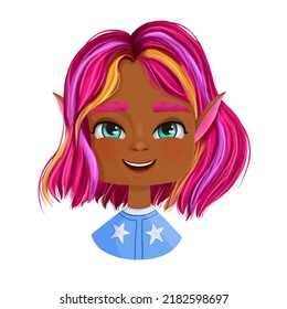 Dark-skinned Elf Girl With Bright Pink Hair In A Blue T-shirt On White Background