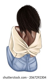 a dark  skinned girl and afro curls sits  back view