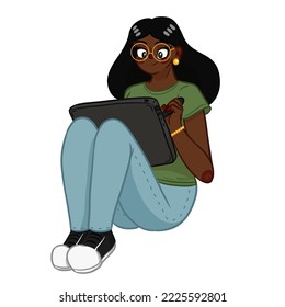 dark  skinned girl drawing graphic tablet