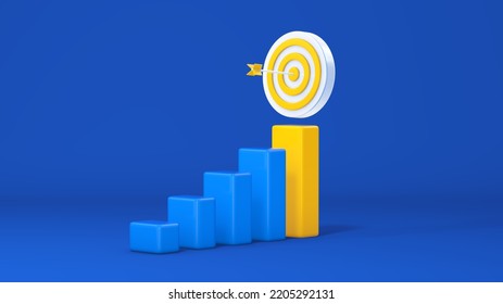 Dart Board With Arrow On Graph Bar Of Steps Staircase. Blue Studio Background. Business Achievement Goal And Objective Target Concept. Business Concept. 3D Render.