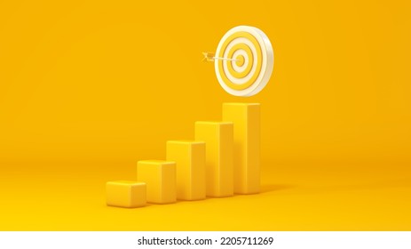 Dart Board With Arrow On Graph Bar Of Steps Staircase. Deep Yellow Studio Background. Business Achievement Goal And Objective Target Concept. Business Concept. 3D Render.