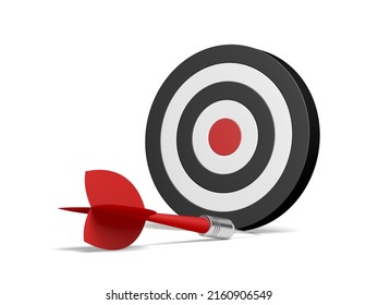 Dart and dartboard isolated on white background. Red dart missed the target. Failure concept. Missed opportunity. 3d illustration.