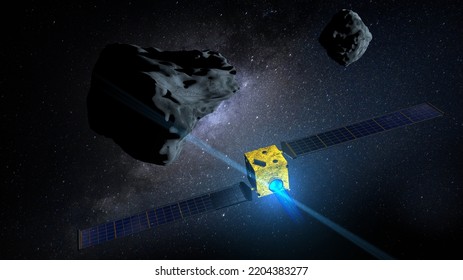 DART Satellite On Collision Course With Asteroid DIMORPHOS To Deflect Its Orbit Against A Dark Galaxy Background. 3D Illustration