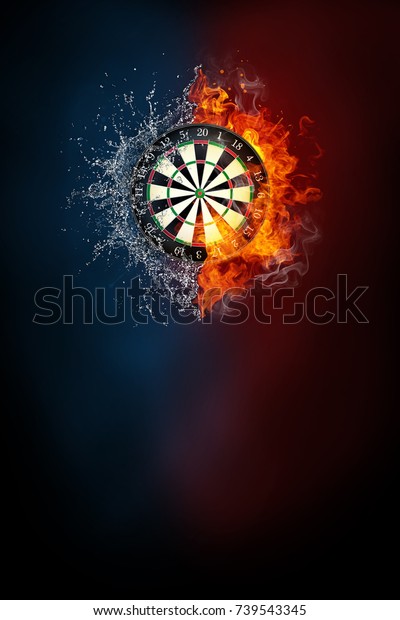 Darts board exploding by elements fire and water.\
Background for sports tournament poster or placard. Vertical design\
with copy space.