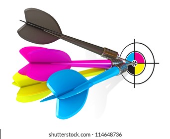 Darts Hitting Directly In Bulls Eye. CMYK. Conceptual Illustration. Isolated On White Background. 3d Render