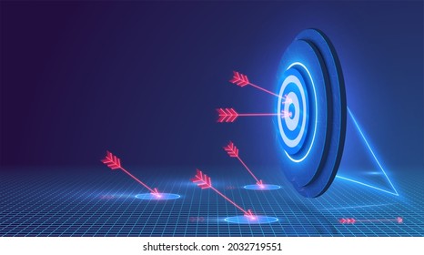 Darts target. Success Business Concept. Target hit in center by arrows, future technology. Multiple fail inaccurate attempt hit goal. Symbolic goals achievement, success, victory. 