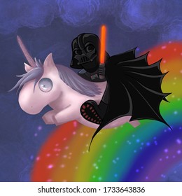 Darts Vader rides a rainbow on a unicorn