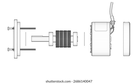 Darwing Stepper Motor - Exploded View. Parts - Stator Winding, Bearings, Rotor. 3D rendering isolated on white background. 3D Mesh, Sketch, Blueprint, Vector style.  Ideal for edu., engr., ind. des.