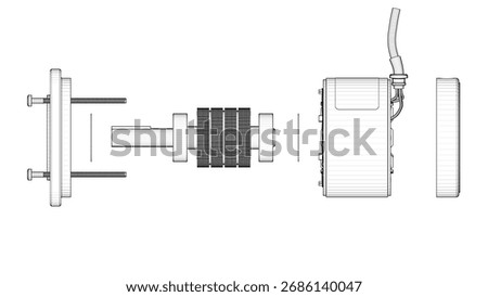 Darwing Stepper Motor - Exploded View. Parts - Stator Winding, Bearings, Rotor. 3D rendering isolated on white background. 3D Mesh, Sketch, Blueprint, Vector style.  Ideal for edu., engr., ind. des.