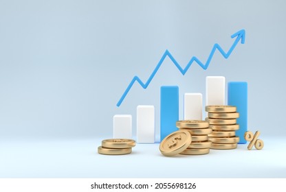 Dashboard And Business Finance Report. Investment Or Website SEO Screen Concept. Blue Rising Arrow And Profit Bar Graph With Multiple Arrangements Of Coins. 3d Rendering