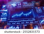 Dashboard with stock market chart with rising candles. Concept of business strategy, investment financial data, fund trading, planning long-term investments and analyzing economic trends.