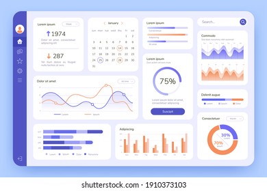 Dashboard. UI infographic, data graphic and chart. Screen with business analytics. Admin statistical software, web interface  template. Illustration statistical infographic data screen