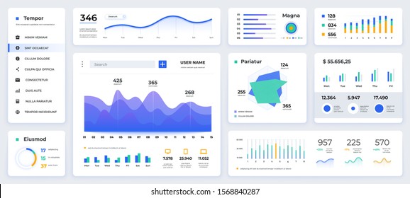 Dashboard UI. Modern presentation with data graphs and HUD diagrams, clean and simple app interface.  abstract modern web UI design