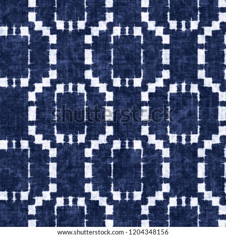 Dashed Ornamental Checked Indigo-Dyed Effect Textured Background. Seamless Pattern.