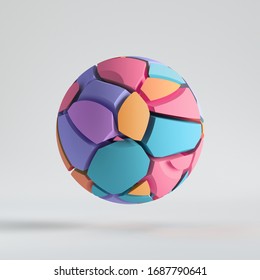 Data, 3d Render, Abstract Colorful Random Mosaic Pieces, Broken Ball, Cracked Sphere Surface. Blue Violet Pink Orange Elements. Split Geometric Object, Isolated On White Background