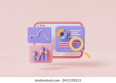 Data analysis and business report chart graph growth diagram on website. Business strategy, SEO optimization dashboard, financial research report, Data analysis concept. 3d icon render illustration 