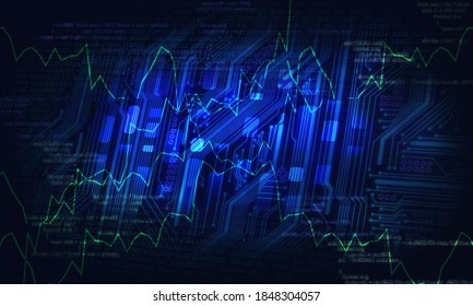 data analysis in dark blue color, green graphs on blue background with circuit board and binary code, software for data analysis 