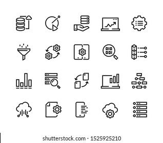 Data Analytic Line Icons. Business Technology Process Digital Gear Support Information Network Tech. Big Data Analytics Performance Chart  Set