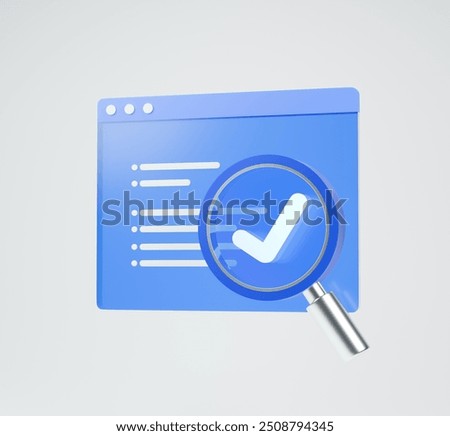 Data analytics 3d icon with a magnifying glass with clipping path on grey background.