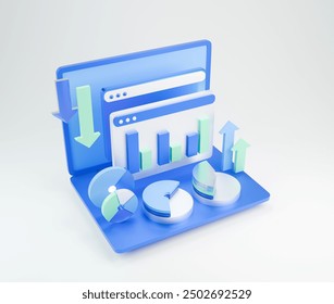 Data analytics 3d icons with clipping path on grey background. Business profit graph illustration.