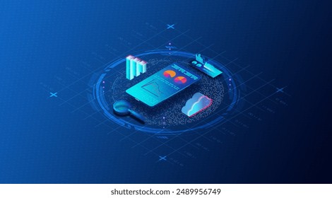 Data Analytics and Cloud Computing Concept - Cloud Analytics - Practice of Using Remote Servers to Analyze and Store Data - 3D Illustration