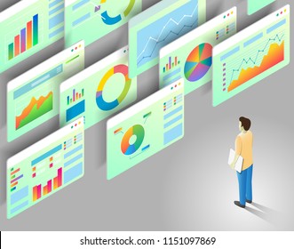 Data Analytics Concept. Isometric Illustration Of Man Looking At Business Statistics Charts And Graphs.