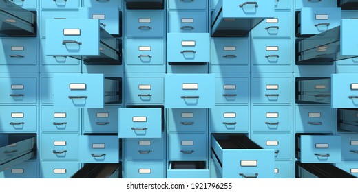 Data archive storage. Blue filing cabinets with open drawers background. Office document data, bureaucracy and business administration concept. 3d illustration