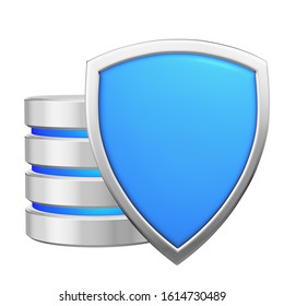 Data base behind blue metal shield protected from unauthorized access, data privacy concept, 3d illustration icon isolated on white background for Data Protection Day
