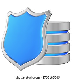 Data base behind metal blue shield on left protected from unauthorized access, data privacy concept, 3d illustration icon isolated on white background for Data Protection Day