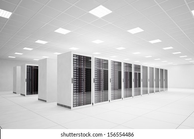 Data Center with 4 rows of servers and white floor