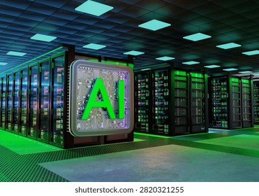 Data center. AI processor operates in a modern server room supporting artificial intelligence workloads, cloud computing, high performance data processing and digital infrastructure. 3D image