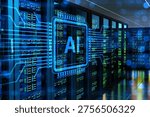 Data center, artificial intelligence computing. Server racks process AI workloads in high performance facility, managing big data, cloud services and machine learning operations 3d image