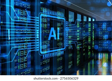 Data center, artificial intelligence computing. Server racks process AI workloads in high performance facility, managing big data, cloud services and machine learning operations 3d image