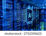 Data center infrastructure, artificial intelligence computing. Server racks process digital information while AI processor visualization shows high performance computing and cloud technology. 3d image