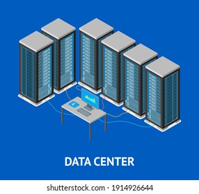 Data Center Poster Card Isometric View Server Computer Room Workplace Elements Isolated On A Background. Illustration Of Database