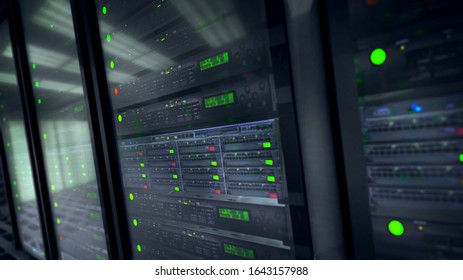 Data center room, interior, server racks with telecommunication equipment, 3d illustration